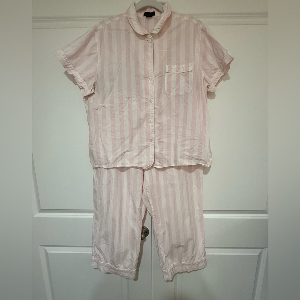 J. Crew Cotton Poplin Short Sleeve Light Pink Striped Pajama Set Cropped
